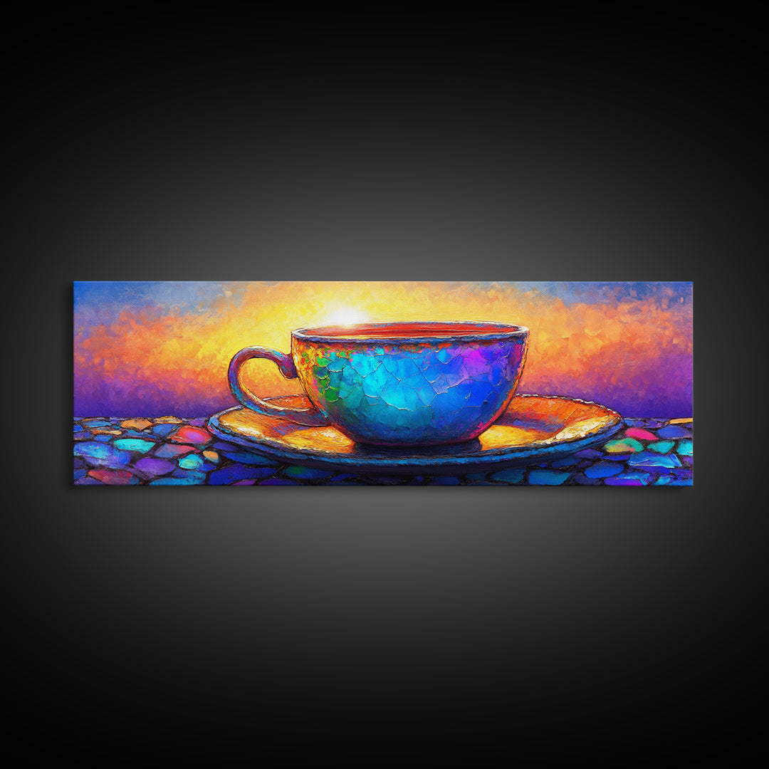 Textured Blue Teacup On Mosaic Saucer Canvas Print, Coffee Art, Kitchen Wall Art, Colorful Wall Art, Cozy Cafe Home Decor