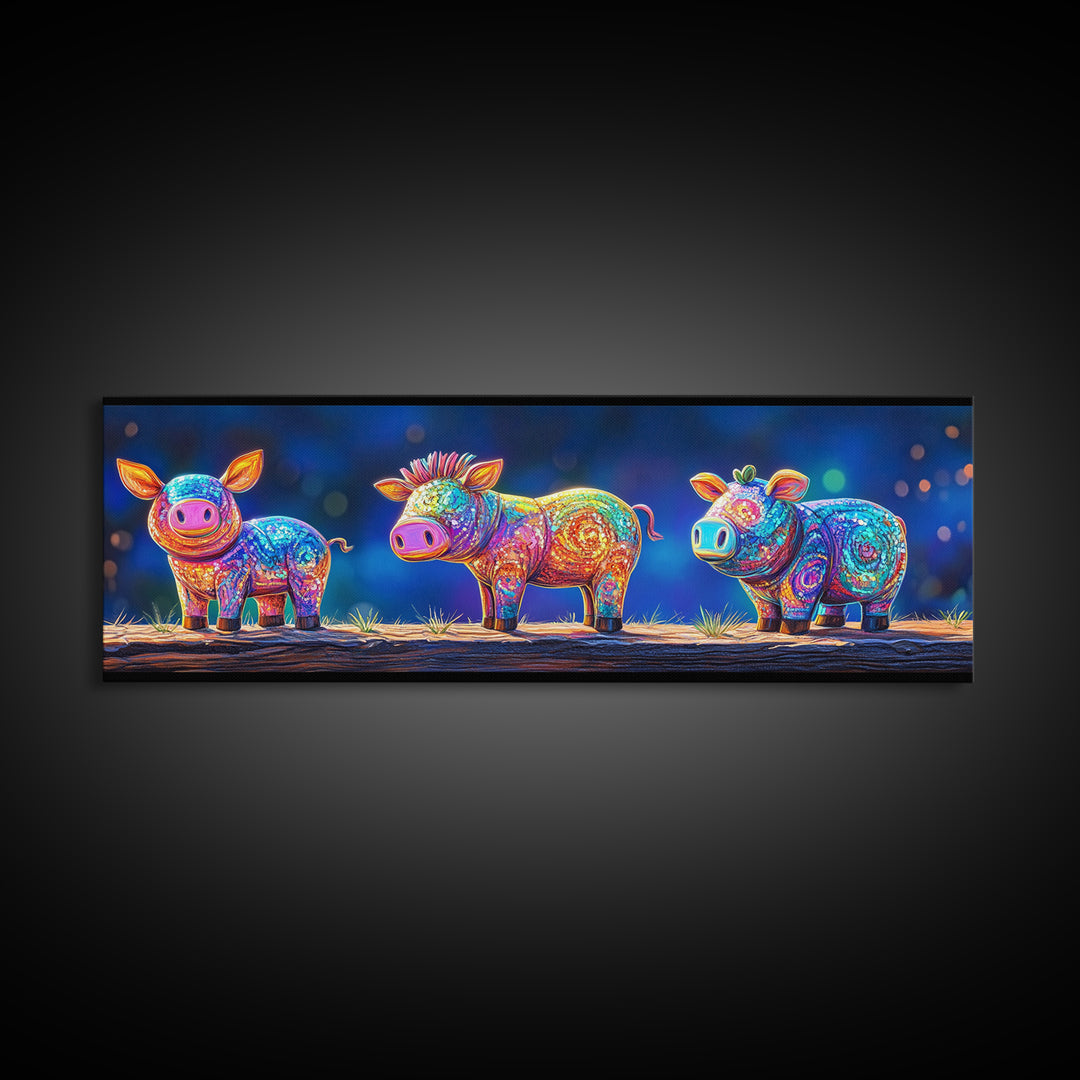 Three Rainbow Farm Animal Figures Wall Art, Colorful Animal Nursery Art, Whimsical Farmhouse Decor, Kids Room Canvas Print