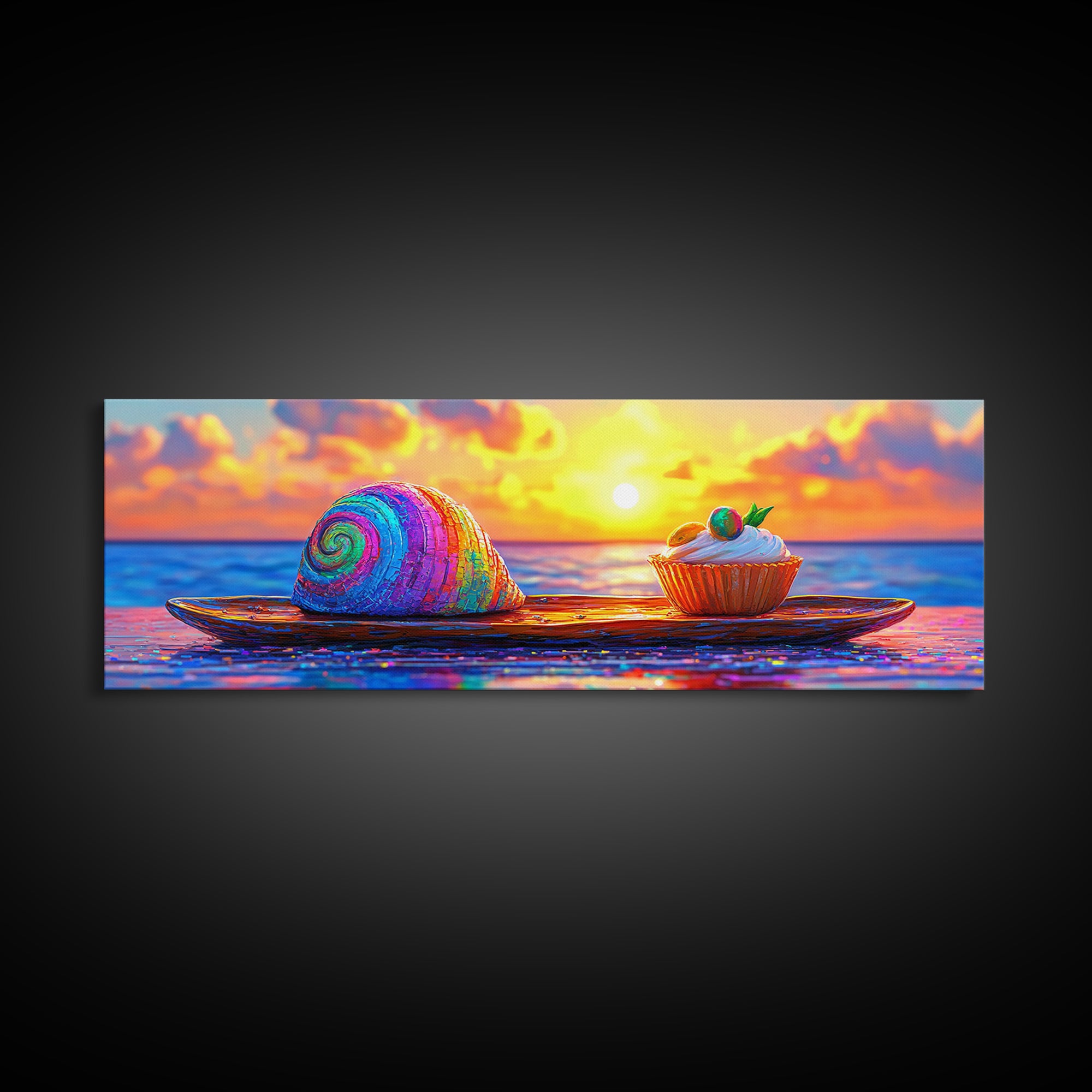 Rainbow Seashell And Cupcake At Ocean Sunset Wall Art, Coastal Kitchen Decor, Whimsical Beach House Art Print, Summer Decor