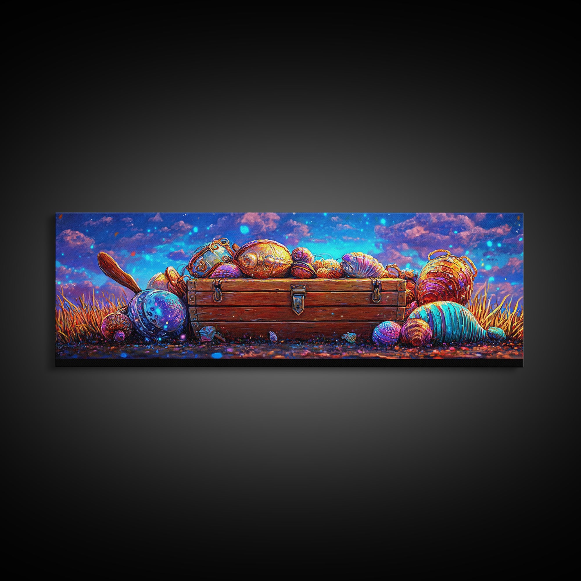 Treasure Chest With Glowing Seashells Canvas Print, Coastal Wall Art, Nautical Decor, Ocean Nursery Decor, Beach House Art