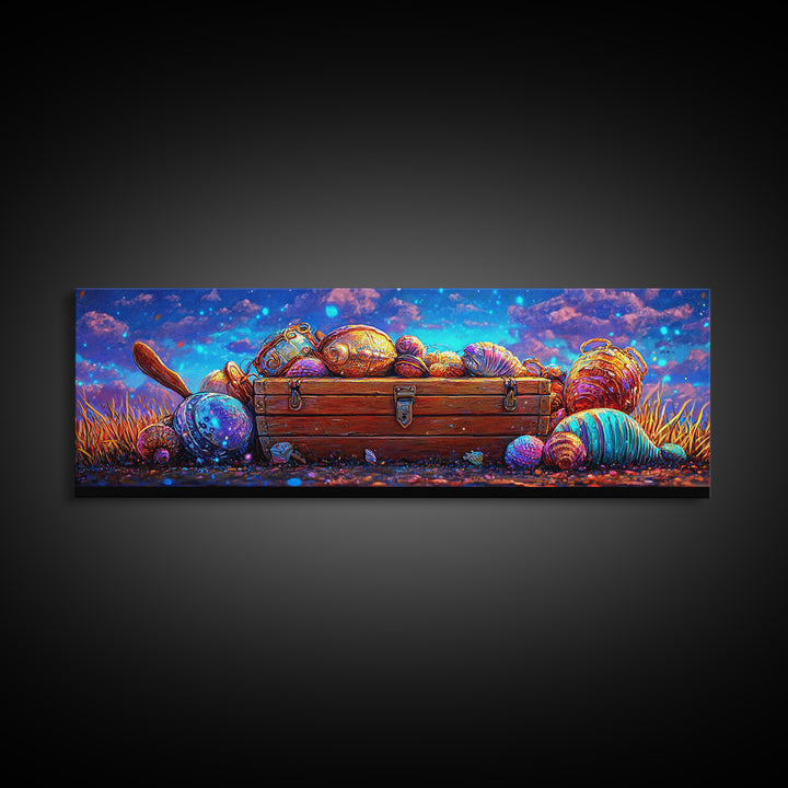 Treasure Chest With Glowing Seashells Canvas Print, Coastal Wall Art, Nautical Decor, Ocean Nursery Decor, Beach House Art