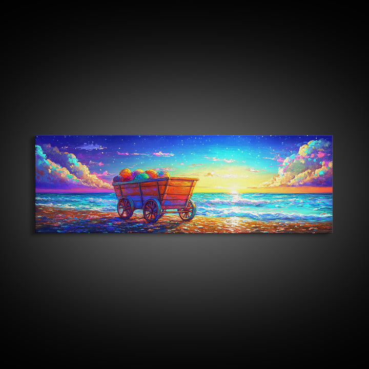 Wooden Wagon On Sunset Beach Framed Canvas Print, Coastal Wall Art, Ocean Painting, Beach House Decor, Seascape Art, Summer Home Decor