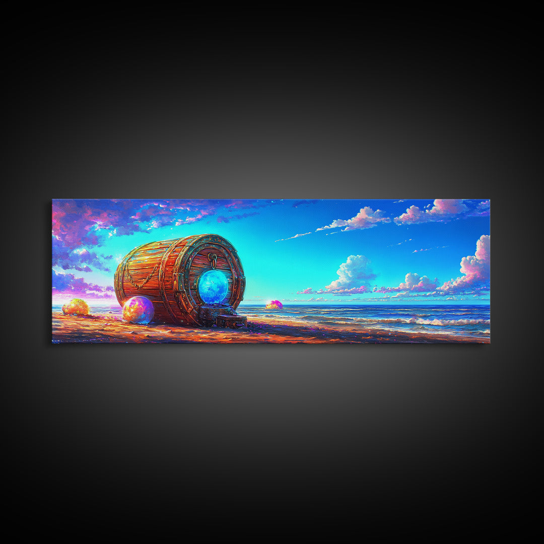 Glowing Barrel On Dreamy Seashore Framed Canvas Print, Coastal Wall Art, Beach House Decor, Surreal Ocean Wall Art, Nautical Decor