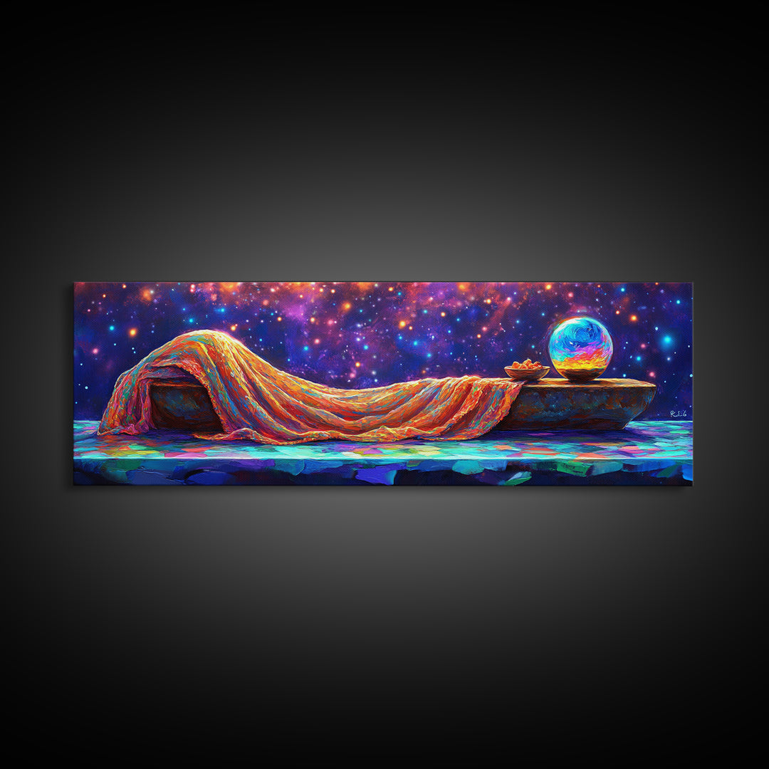 Dreamy Draped Bed Under Starry Sky Wall Art, Celestial Wall Art, Surreal Art, Whimsical Decor, Bedroom Wall Art, Modern Home Decor