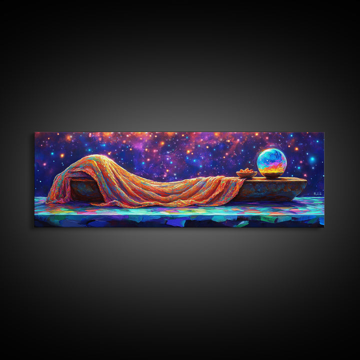 Dreamy Draped Bed Under Starry Sky Wall Art, Celestial Wall Art, Surreal Art, Whimsical Decor, Bedroom Wall Art, Modern Home Decor