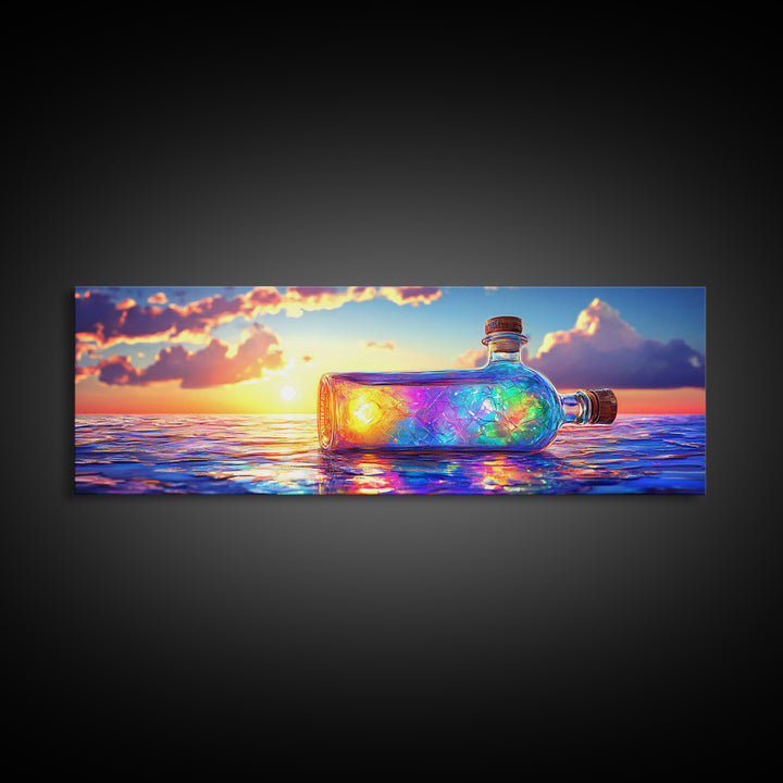 Glowing Message Bottle At Ocean Sunset Framed Canvas Print, Coastal Wall Art, Beach House Decor And Nautical Gift For Living Room