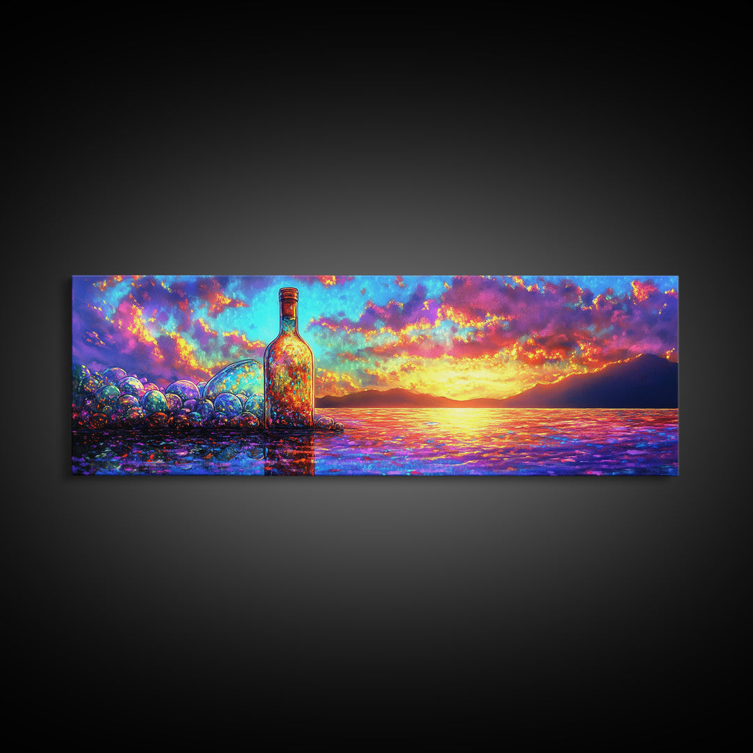 Glowing Bottle On Sunset Shore Canvas Print, Vibrant Ocean Wall Art, Coastal Beach House Decor For Living Room And Office Decor