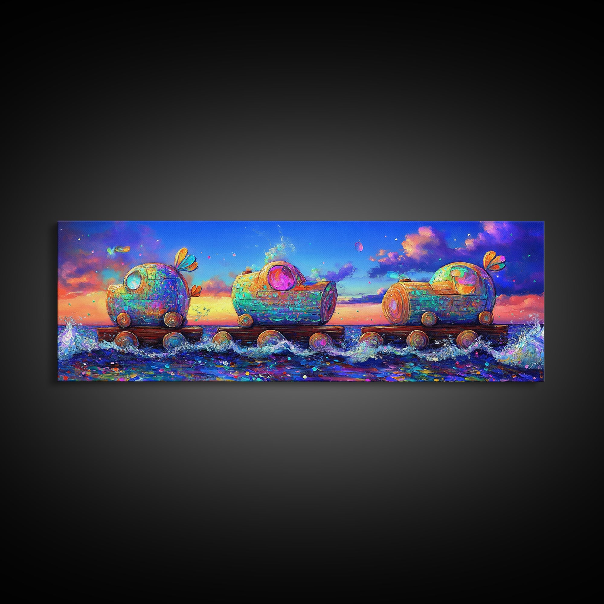 Whimsical Toy Train Rolling Through Ocean Waves Wall Art, Colorful Coastal Decor, Fantasy Nursery Art, Playroom Canvas Print