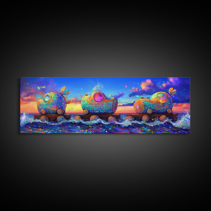 Whimsical Toy Train Rolling Through Ocean Waves Wall Art, Colorful Coastal Decor, Fantasy Nursery Art, Playroom Canvas Print