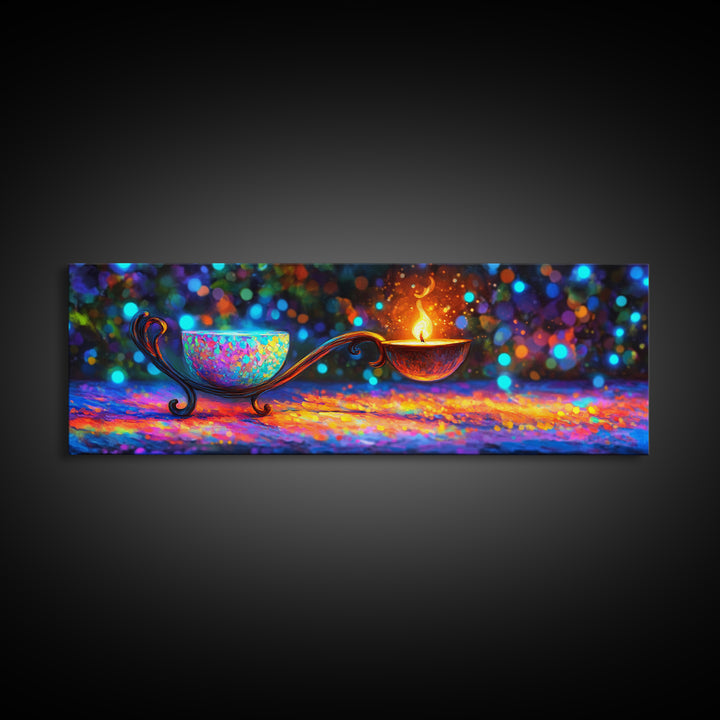 Ornate Rainbow Oil Lamp With Flame Framed Canvas Print, Spiritual Wall Art, Meditation Decor, Boho Home Decor Gift, Zen Wall Decor