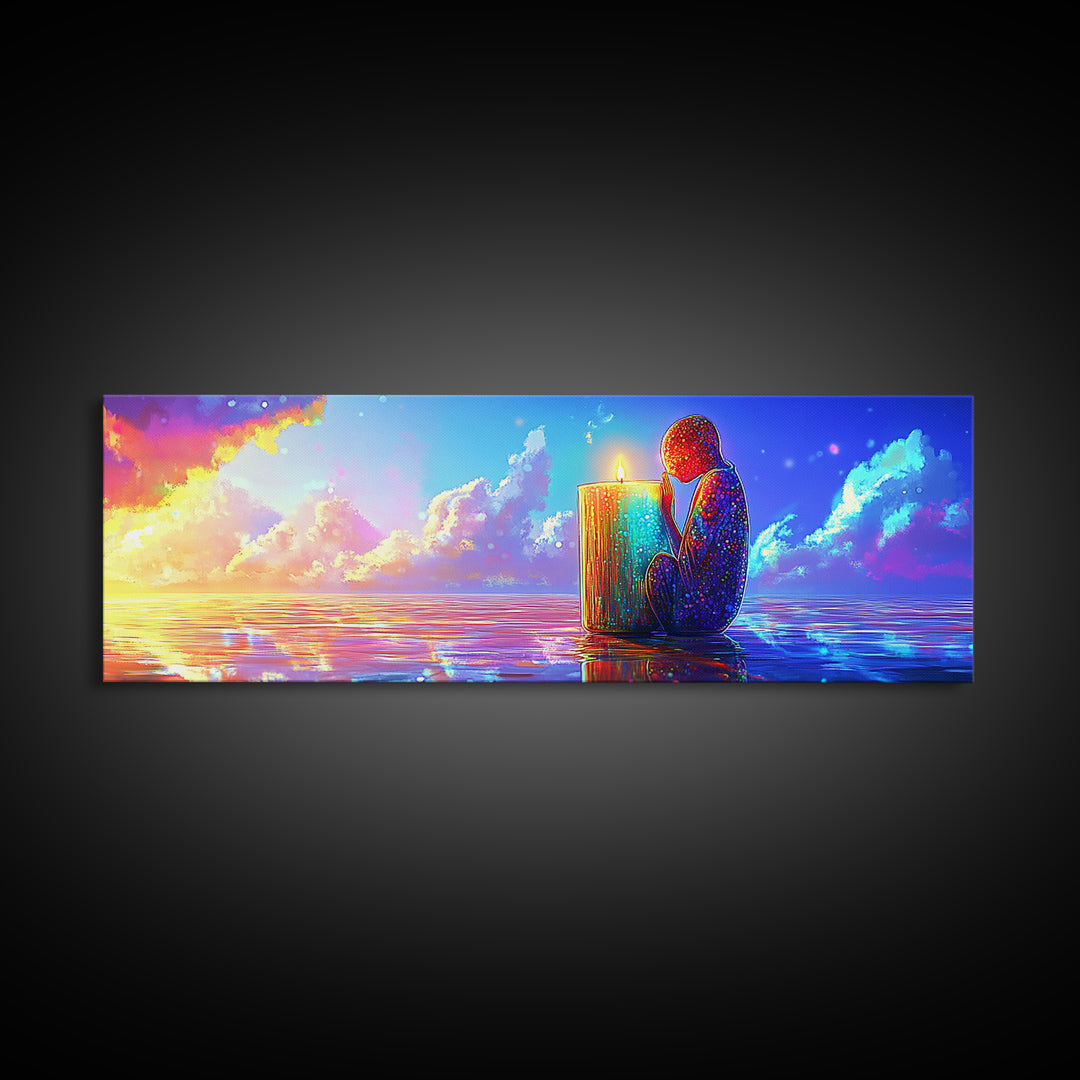 Solitary Figure Holding Candle By Sunset Sea Wall Art, Mystical Ocean Canvas Print, Spiritual Decor, Coastal Meditation Room Decor