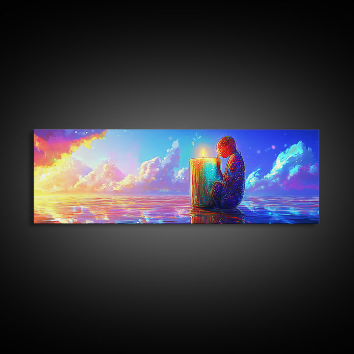 Solitary Figure Holding Candle By Sunset Sea Wall Art, Mystical Ocean Canvas Print, Spiritual Decor, Coastal Meditation Room Decor