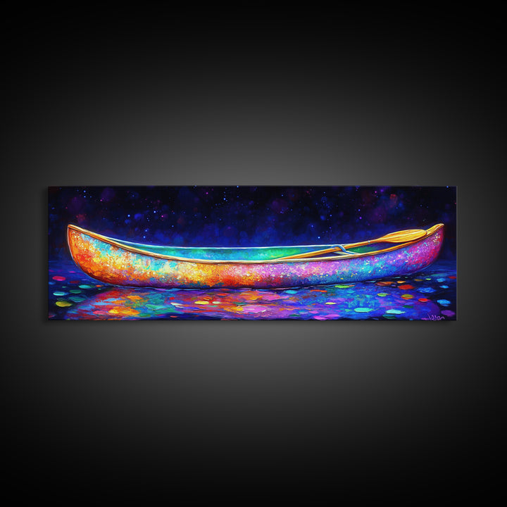 Rainbow Canoe Floating Under Starry Night Canvas Print, Nautical Wall Art, Colorful Coastal Decor, Lake House Statement Art