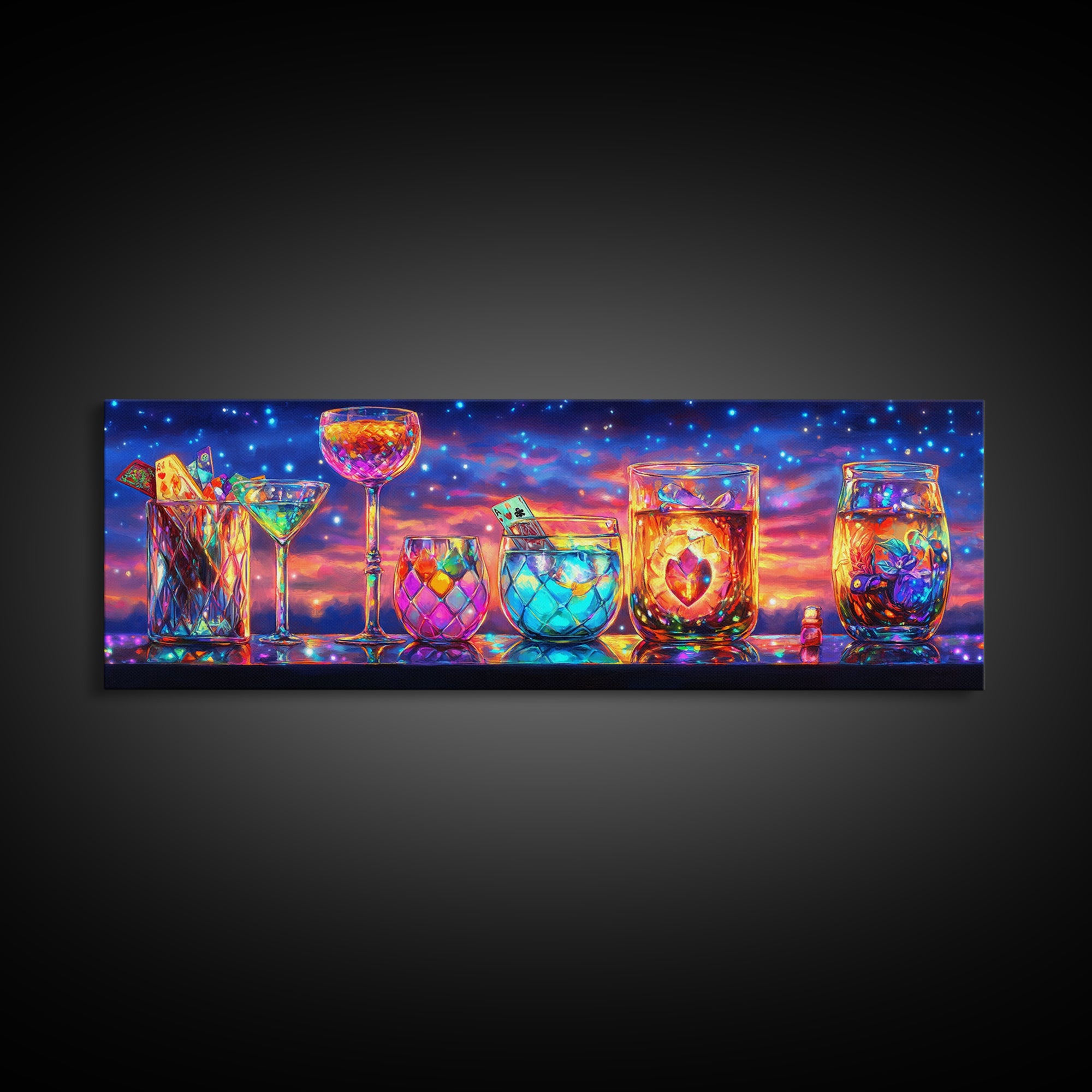 Glowing Cocktail Glasses At Twilight Wall Art, Colorful Bar Cart Canvas Print, Home Bar Decor, Martini And Wine Lover Gift