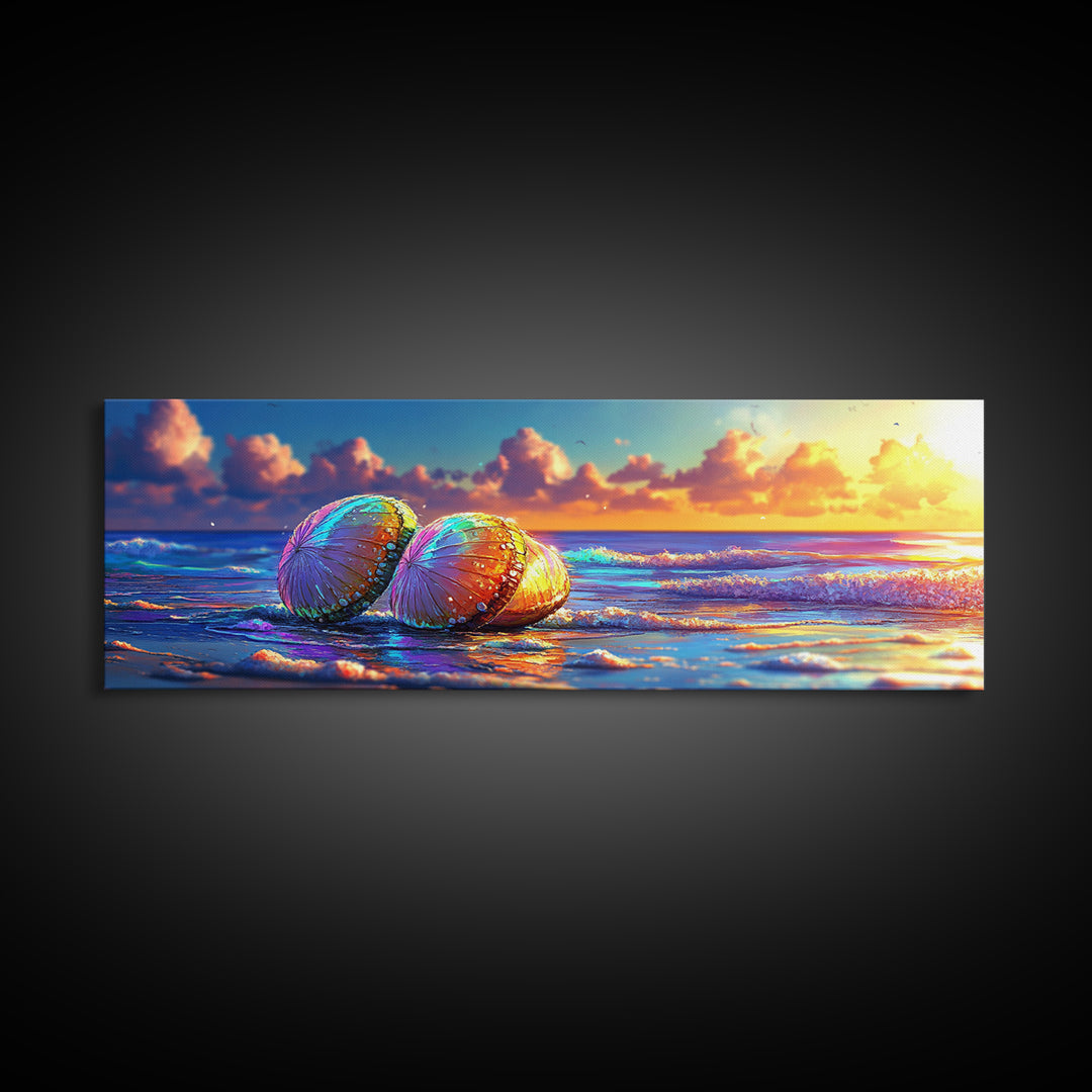Sunlit Seashells On Ocean Shore Canvas Print, Coastal Wall Art, Beach House Decor, Nautical Seascape Living Room Decor Print