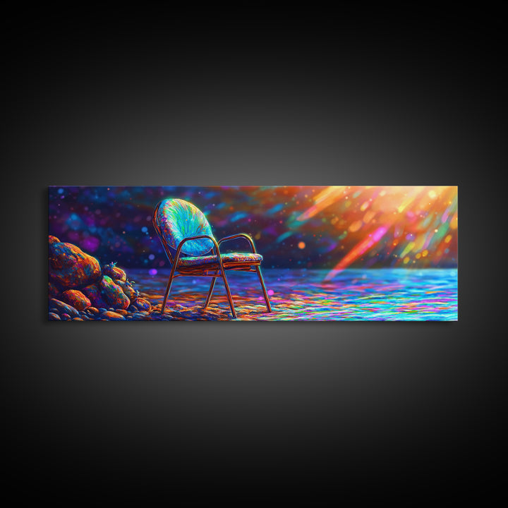 Empty Chair By Radiant Ocean Light Framed Canvas Print, Coastal Wall Art, Beach House Decor, Serene Seascape, Gift For Her
