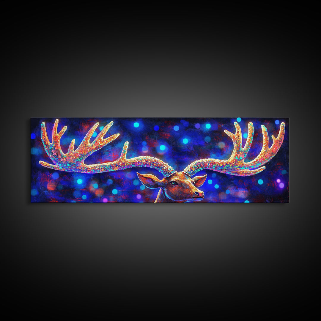 Rainbow Moose Antlers With Neon Bokeh Canvas Print, Wildlife Wall Art, Colorful Lodge Decor, Rustic Nature Housewarming Gift