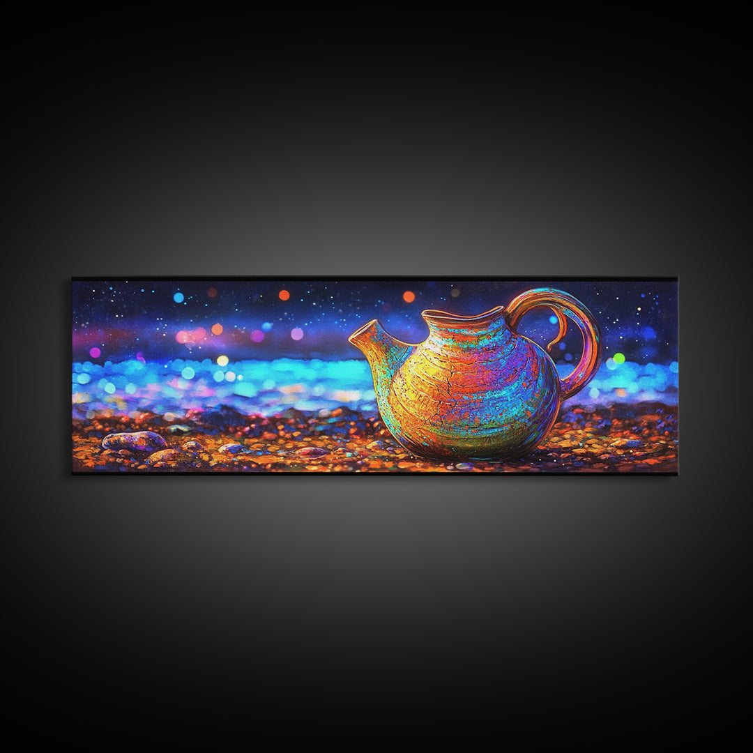 Iridescent Ceramic Pitcher Under Starry Lights Framed Canvas Print, Colorful Kitchen Wall Art, Modern Home Decor, Unique Gift