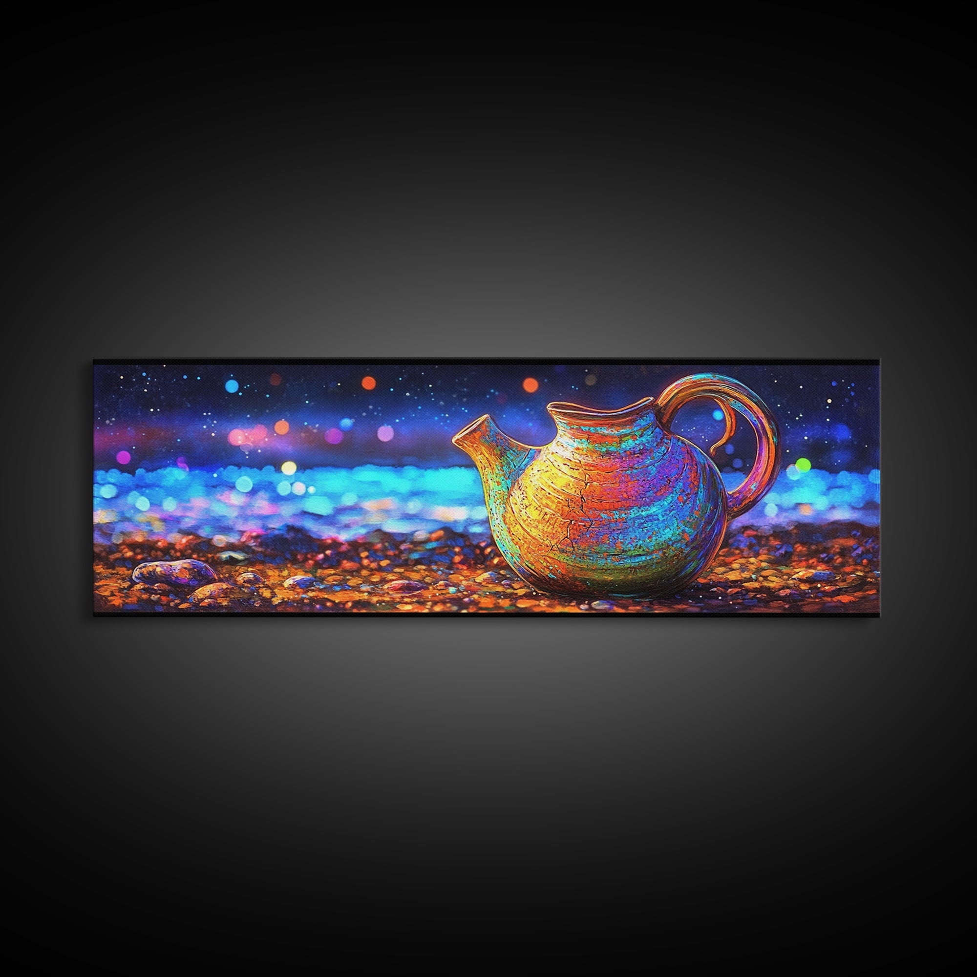 Iridescent Ceramic Pitcher Under Starry Lights Framed Canvas Print, Colorful Kitchen Wall Art, Modern Home Decor, Unique Gift