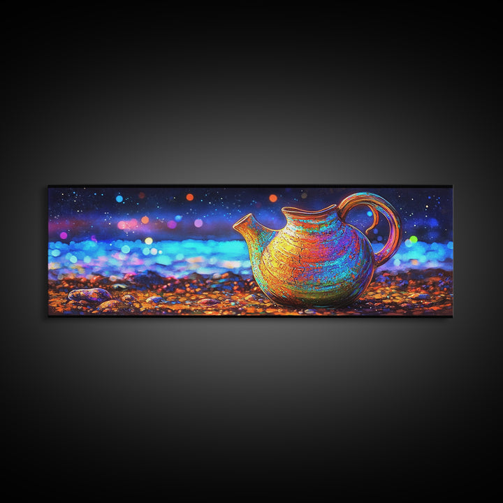 Iridescent Ceramic Pitcher Under Starry Lights Framed Canvas Print, Colorful Kitchen Wall Art, Modern Home Decor, Unique Gift