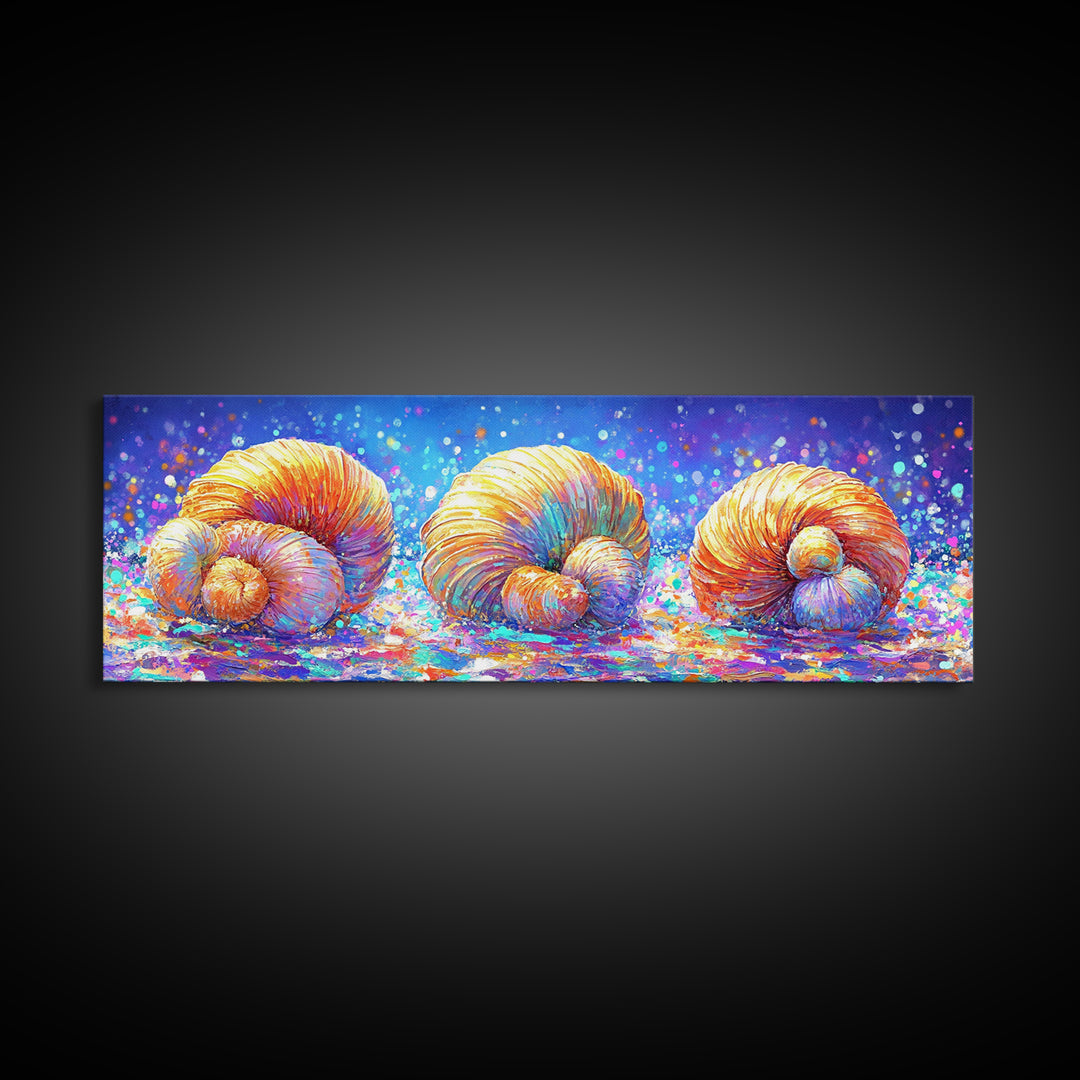 Three Radiant Seashells In Confetti Light Canvas Print, Coastal Wall Art, Beach House Decor, Nautical Bathroom Wall Decor