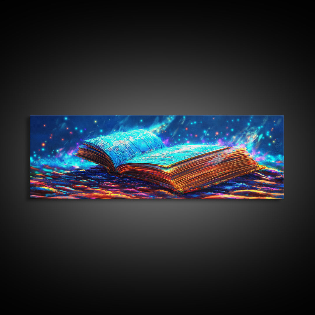 Glowing Open Book With Magical Blue Light Wall Art, Fantasy Library Canvas Print, Book Lover Decor, Dark Academia Gift For Readers