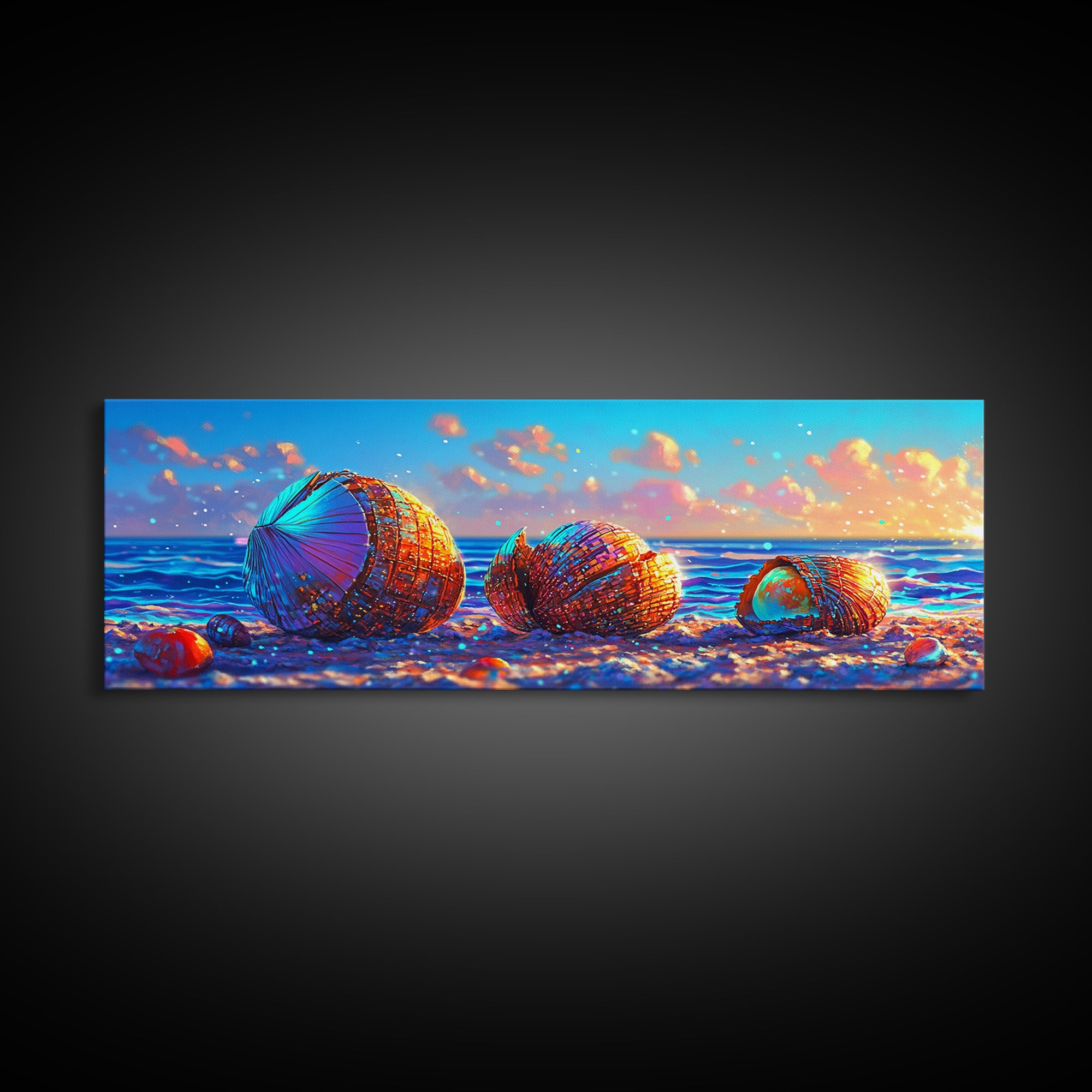 Rainbow Seashells On Sunny Beach Canvas Print, Coastal Wall Art, Ocean Decor, Beach House Nautical Living Room Decor Gift For Her