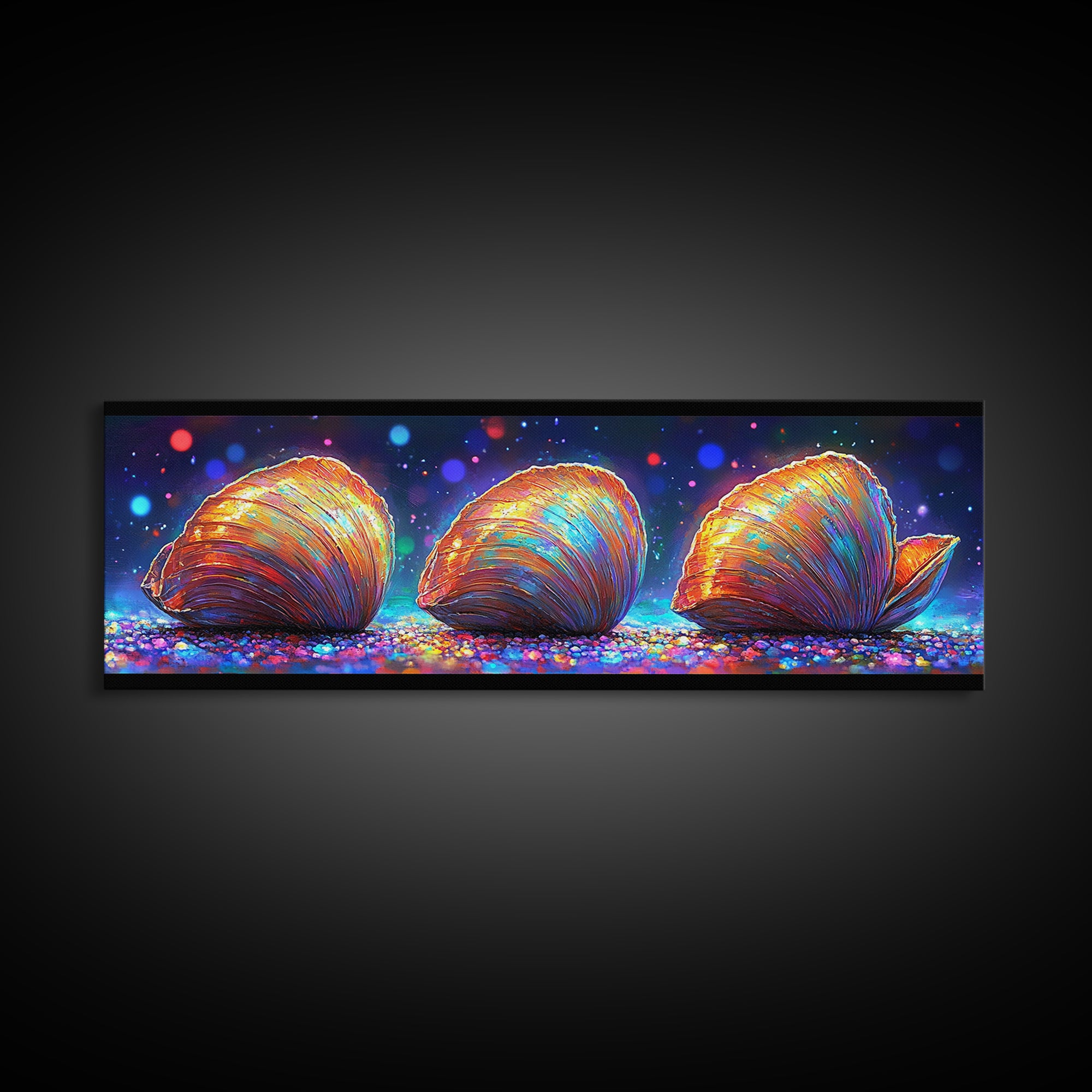 Three Glowing Seashells Canvas Print, Coastal Wall Art, Ocean Bathroom Decor, Beach House Gift, Colorful Nautical Art Print