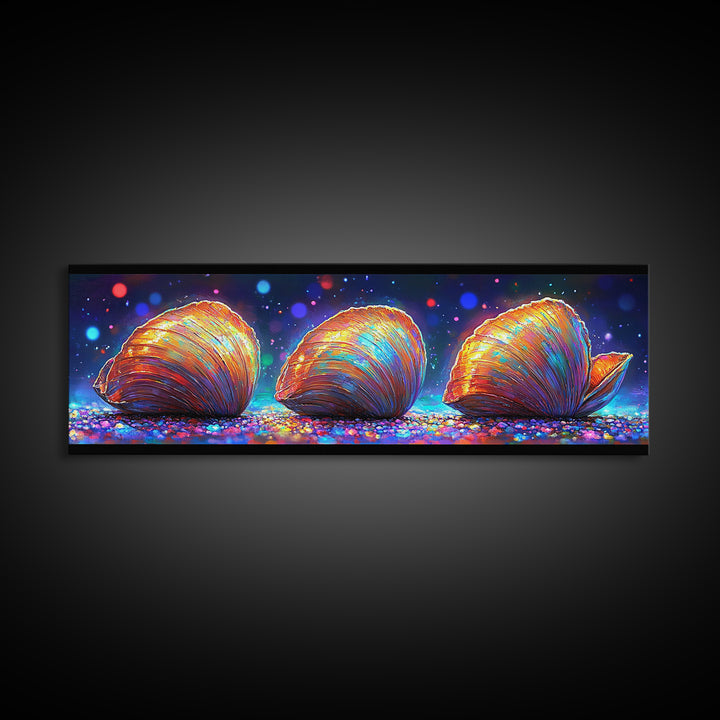 Three Glowing Seashells Canvas Print, Coastal Wall Art, Ocean Bathroom Decor, Beach House Gift, Colorful Nautical Art Print