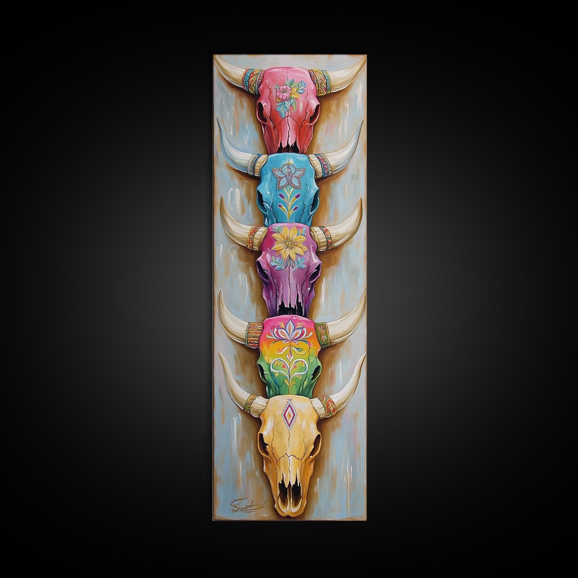 Stacked Painted Longhorn Skulls Wall Art, Southwestern Western Decor, Cowgirl Framed Canvas Print, Boho Ranch Home Decor