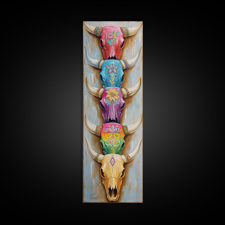 Stacked Painted Longhorn Skulls Wall Art, Southwestern Western Decor, Cowgirl Framed Canvas Print, Boho Ranch Home Decor