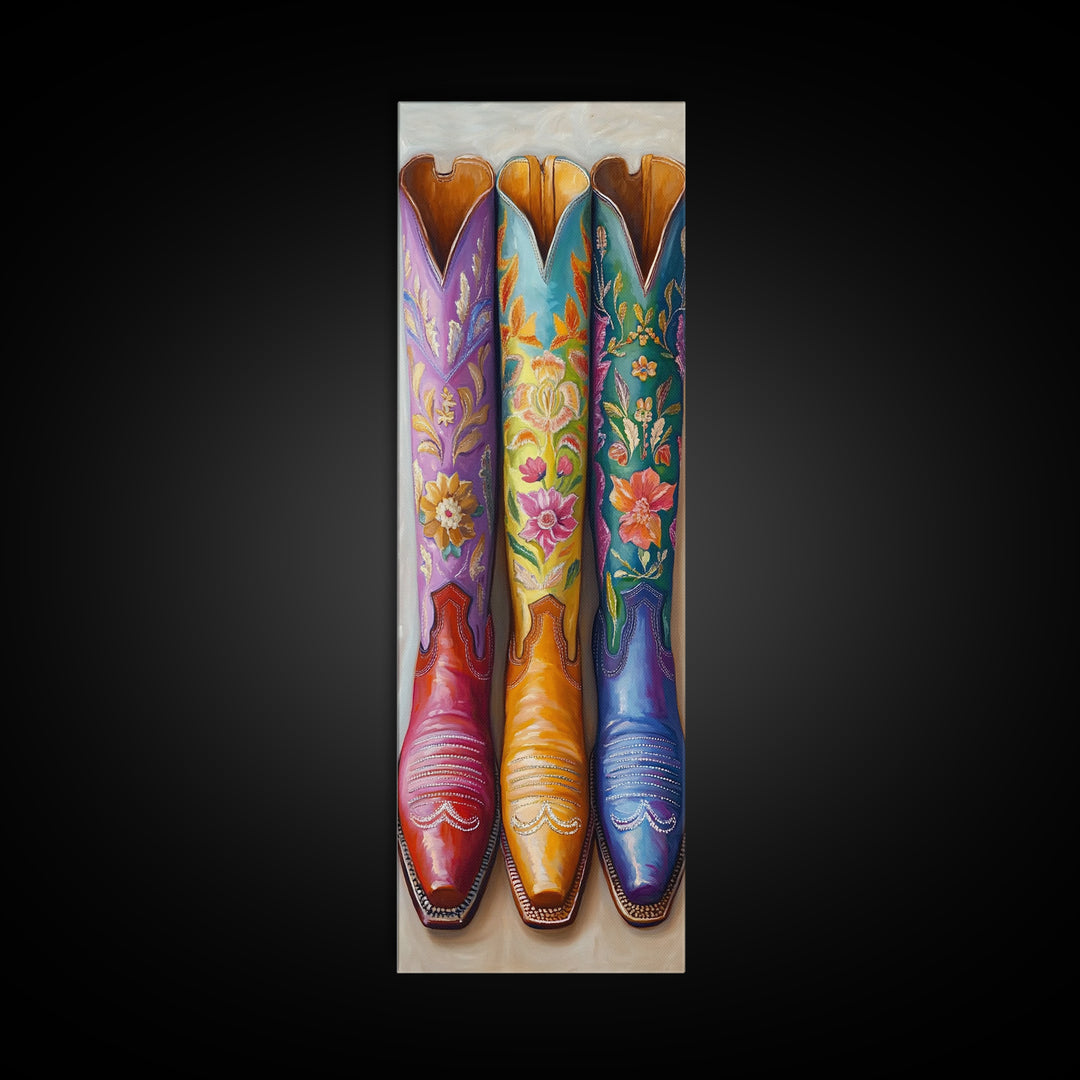 Three Tall Floral Cowboy Boots Wall Art, Western Cowgirl Decor, Southwestern Framed Canvas Print, Rustic Bedroom Wall Decor