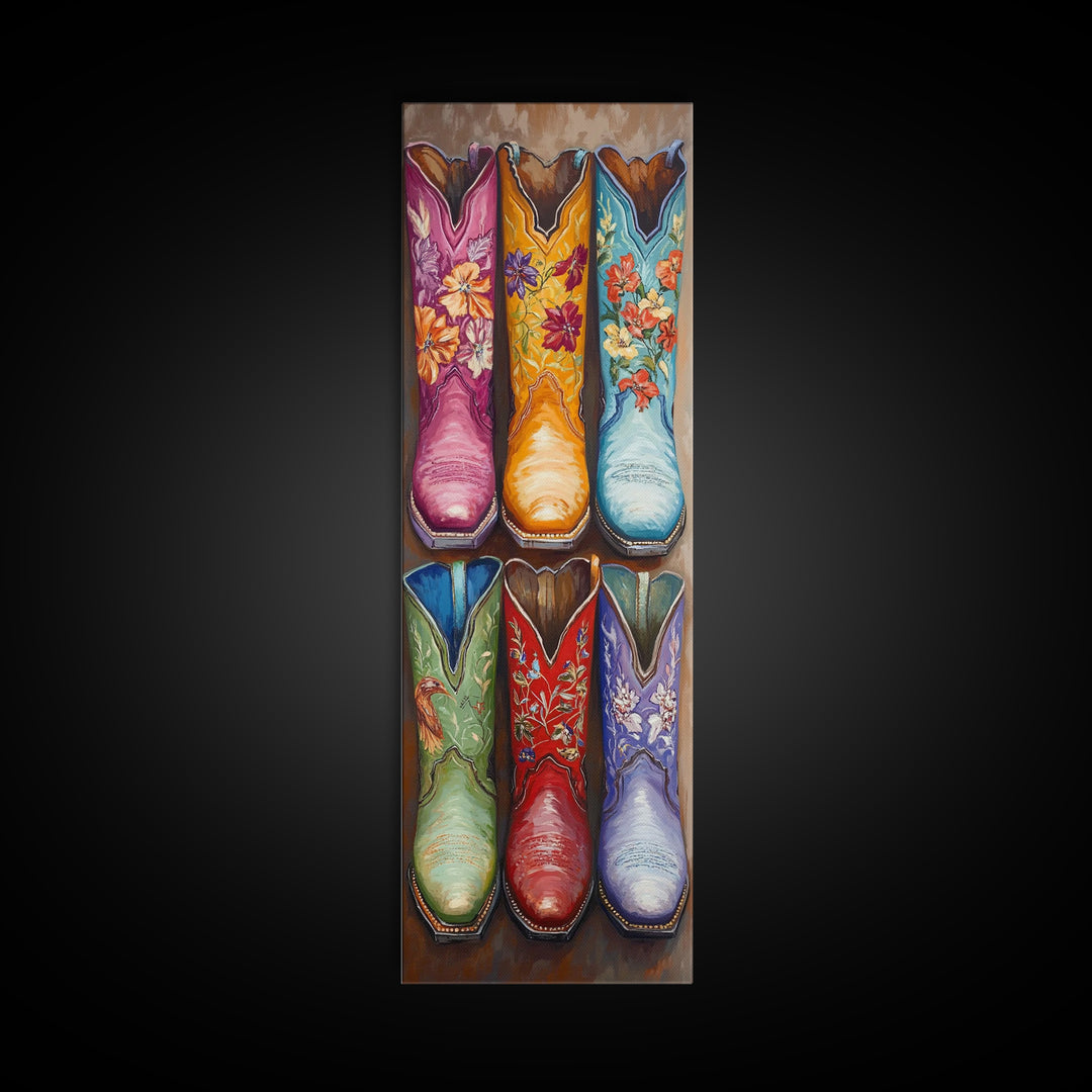 Six Floral Cowboy Boots Wall Art, Western Framed Canvas Print For Cowgirl Bedroom Living Room Rustic Home Decor Gift For Her