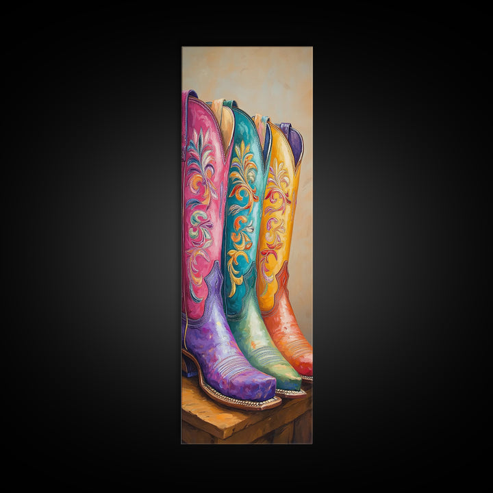 Bright Floral Western Boots Wall Art, Cowgirl Canvas Print For Boho Bedroom Living Room Ranch Home Decor Housewarming Gift