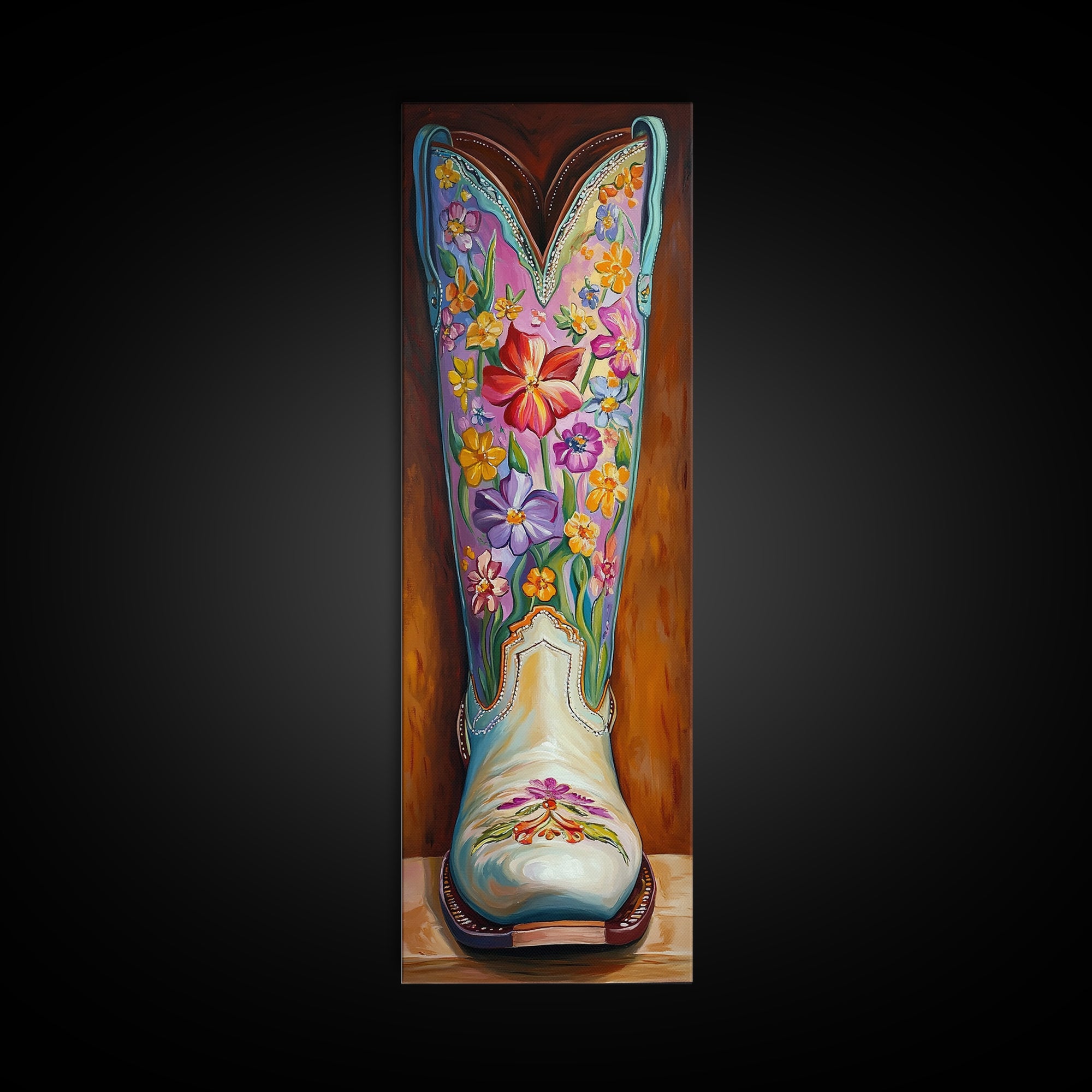 Turquoise Floral Cowboy Boot Framed Canvas Print, Western Cowgirl Wall Art, Boho Rodeo Decor, Southwestern Living Room Art