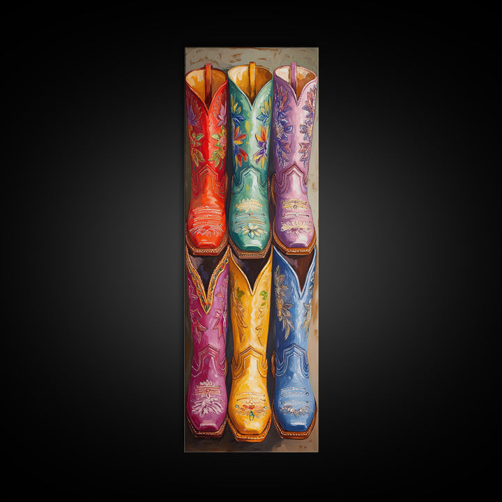 Bright Embroidered Western Boots Framed Canvas Print, Cowgirl Wall Art, Rodeo Decor, Boho Farmhouse Living Room Home Decor Gift
