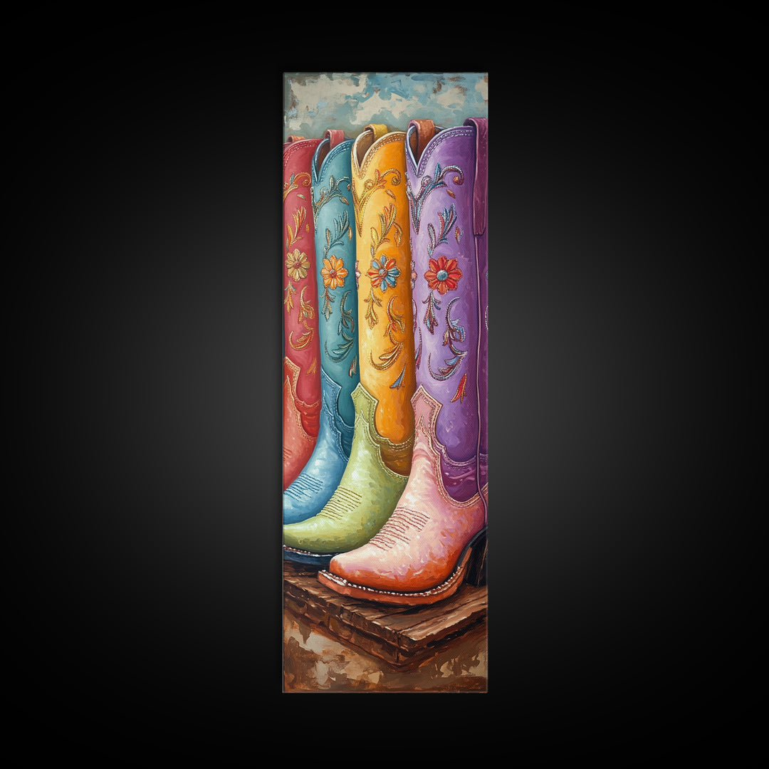 Bright Embroidered Cowboy Boots Painting, Western Canvas Print, Cowgirl Wall Decor, Boho Ranch Home Decor, Gift For Her, Art Print