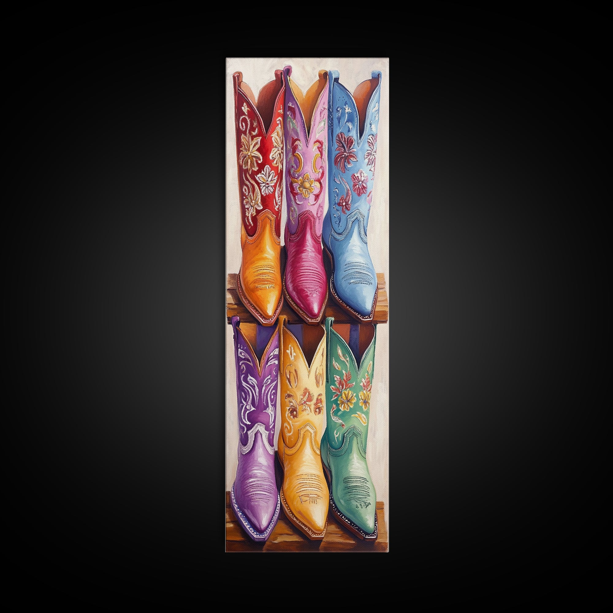 Six Embroidered Cowboy Boots Framed Canvas Print, Western Wall Art, Cowgirl Decor, Rustic Home Decor, Farmhouse Wall Decor