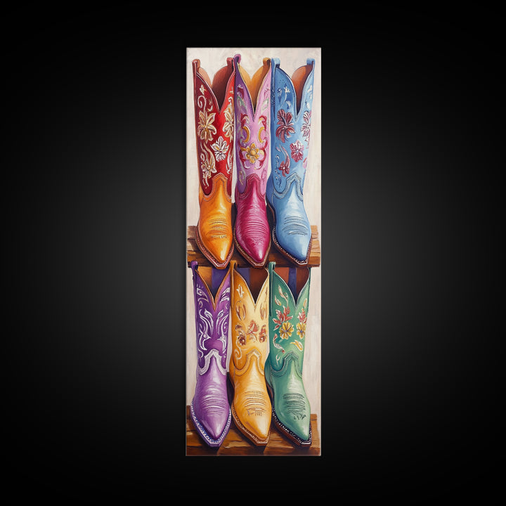 Six Embroidered Cowboy Boots Framed Canvas Print, Western Wall Art, Cowgirl Decor, Rustic Home Decor, Farmhouse Wall Decor