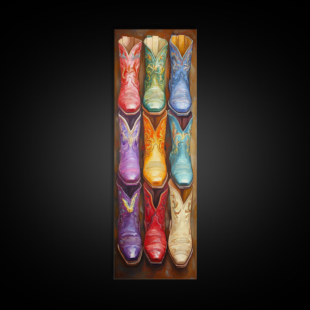 Vivid Embroidered Western Boots Framed Canvas Print, Cowgirl Wall Art, Southwestern Decor, Rustic Wall Decor, Gift For Her