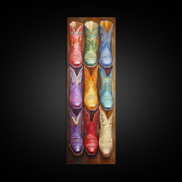 Vivid Embroidered Western Boots Framed Canvas Print, Cowgirl Wall Art, Southwestern Decor, Rustic Wall Decor, Gift For Her