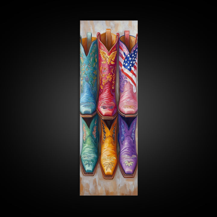Patriotic Colorful Cowboy Boots Wall Art, Western Cowgirl Decor, Americana Canvas Print, Rustic Ranch Housewarming Gift Idea