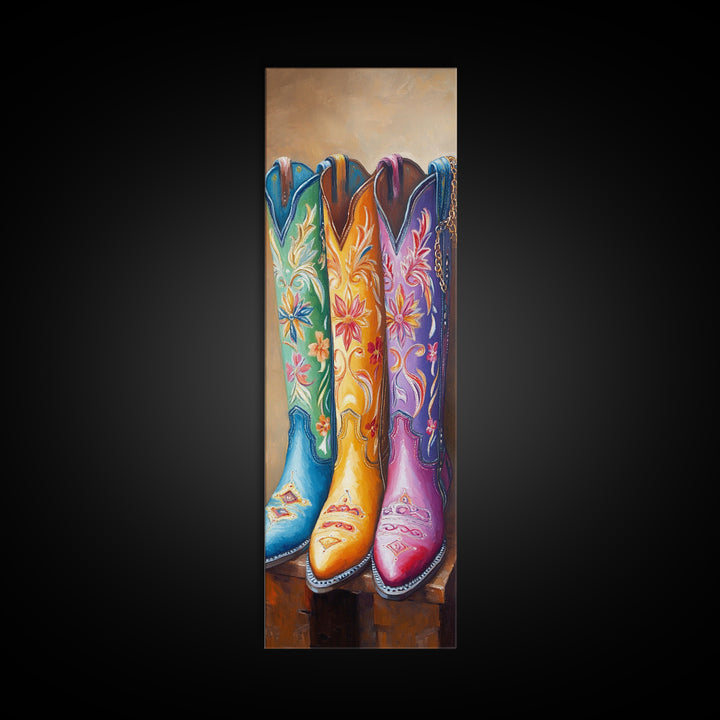 Turquoise Yellow Pink Cowboy Boots Wall Art, Western Cowgirl Decor, Floral Canvas Print, Rustic Farmhouse Gift For Her, Home Decor