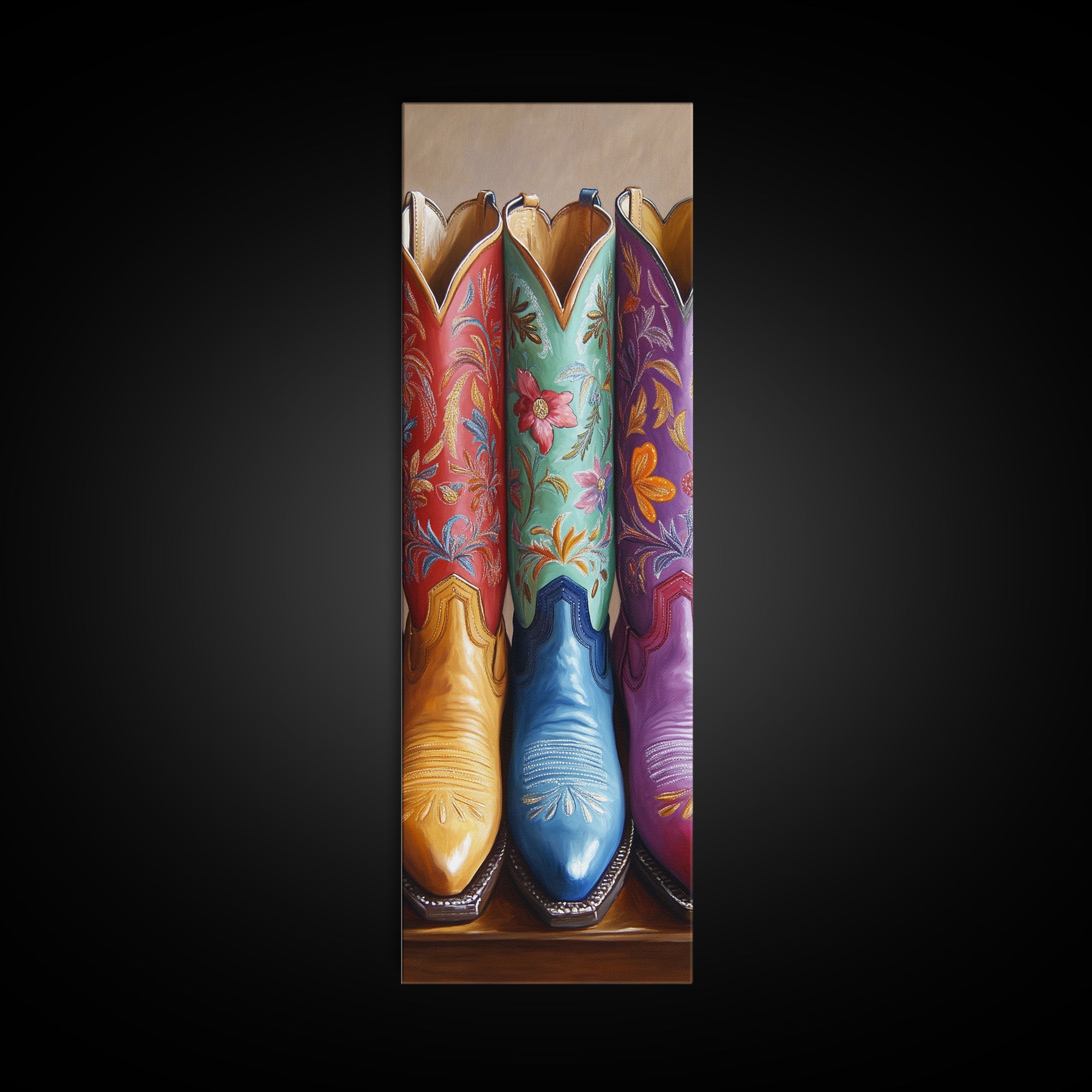 Red Aqua And Purple Floral Cowboy Boots Canvas Print, Western Cowgirl Wall Decor, Rustic Ranch Art, Living Room Home Decor