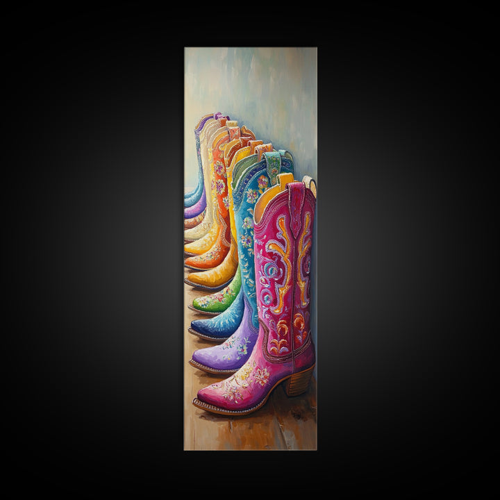 Rainbow Row Of Floral Cowboy Boots Framed Canvas Print, Western Cowgirl Wall Art, Maximalist Ranch Home Decor, Gift For Her
