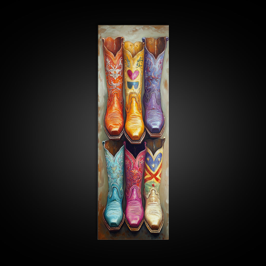 Whimsical Cowboy Boots With Heart And Star Wall Art, Western Cowgirl Canvas Print, Colorful Ranch Living Room Home Decor Gift