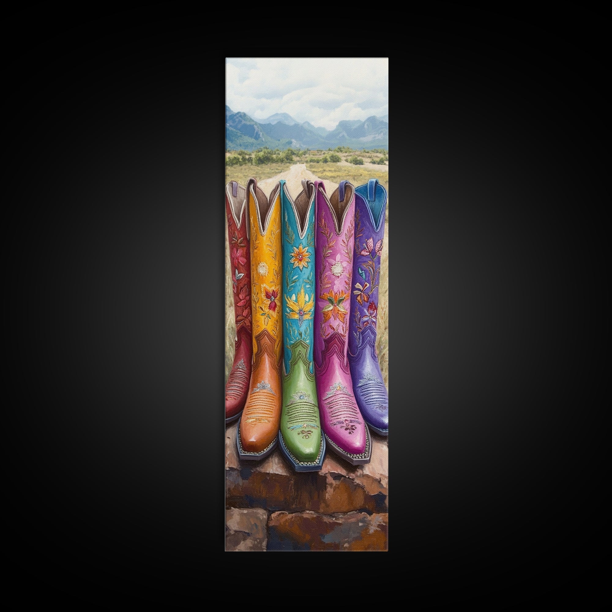 Bright Cowboy Boots In Desert Landscape Wall Art, Western Cowgirl Canvas Print, Southwestern Ranch Home Decor Gift For Living Room