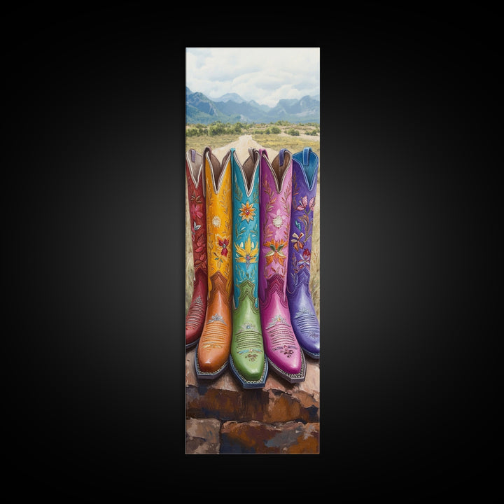Bright Cowboy Boots In Desert Landscape Wall Art, Western Cowgirl Canvas Print, Southwestern Ranch Home Decor Gift For Living Room
