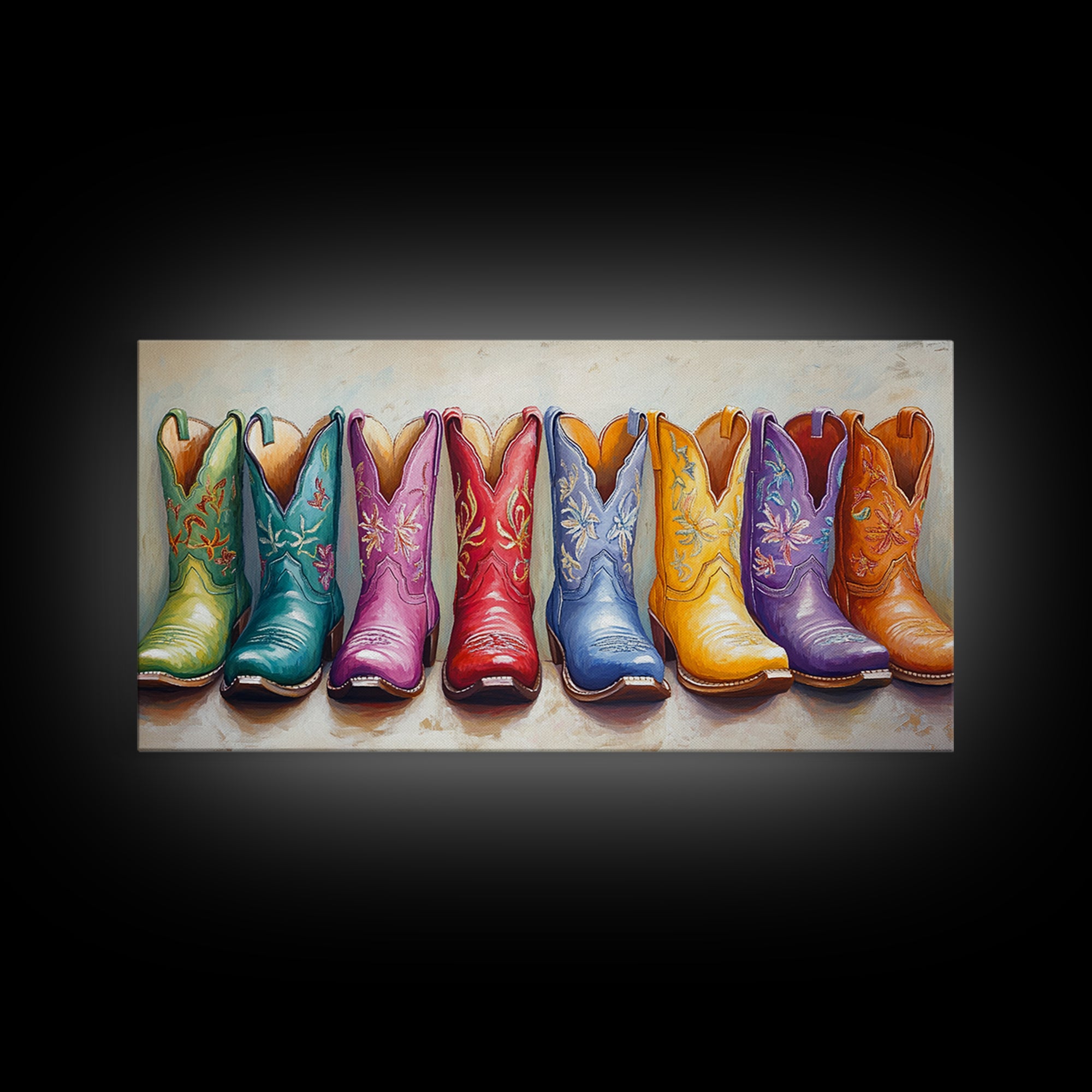 Bright Embroidered Cowboy Boots Wall Art, Western Cowgirl Canvas Print For Boho Bedroom Decor And Rustic Ranch Home Decor