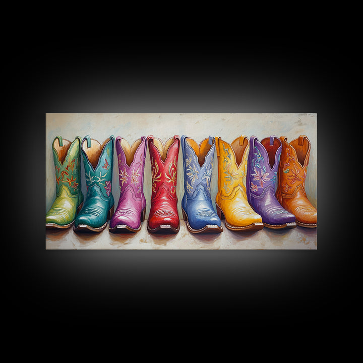 Bright Embroidered Cowboy Boots Wall Art, Western Cowgirl Canvas Print For Boho Bedroom Decor And Rustic Ranch Home Decor